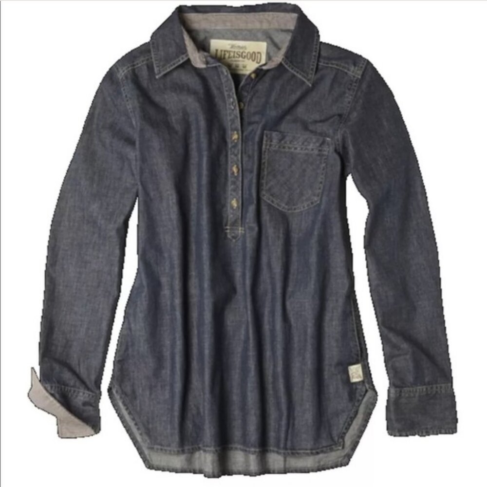 Life is Good Chambry Denim Popover Shirt Cotton Long Sleeve‎ (Indigo Blue)
